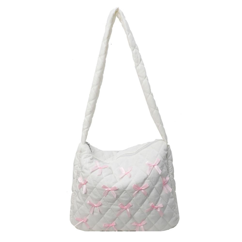 Quilted Nylon Cross Body Bag With Bow Details - Full Zipper Closure - Lined Body - One Internal Zipper Pocket - Approximately 14" L X 13" T X 3" D - Strap Drop 15" L view 2