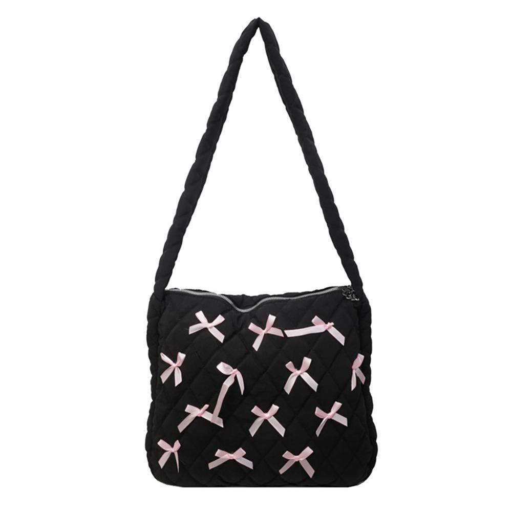 Quilted Nylon Cross Body Bag With Bow Details - Full Zipper Closure - Lined Body - One Internal Zipper Pocket - Approximately 14" L X 13" T X 3" D - Strap Drop 15" L view 2