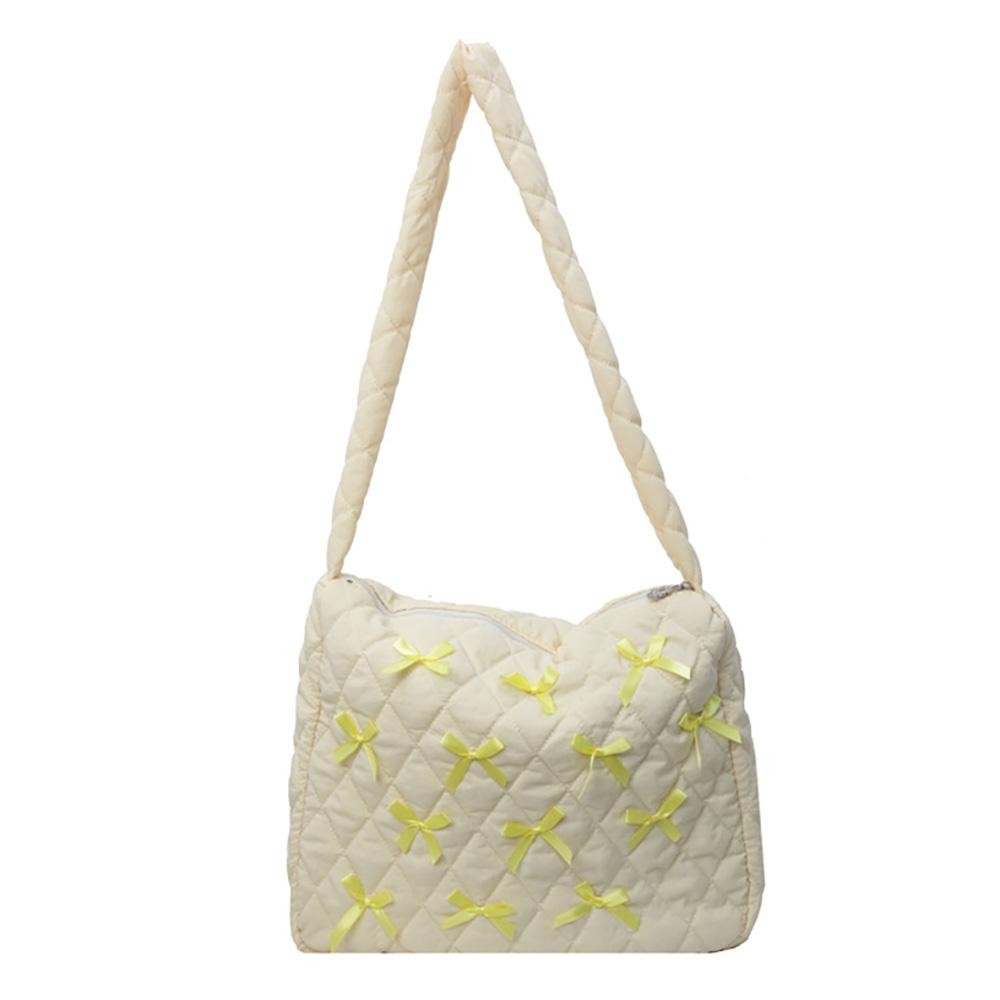 Quilted Nylon Cross Body Bag With Bow Details - Full Zipper Closure - Lined Body - One Internal Zipper Pocket - Approximately 14" L X 13" T X 3" D - Strap Drop 15" L view 2