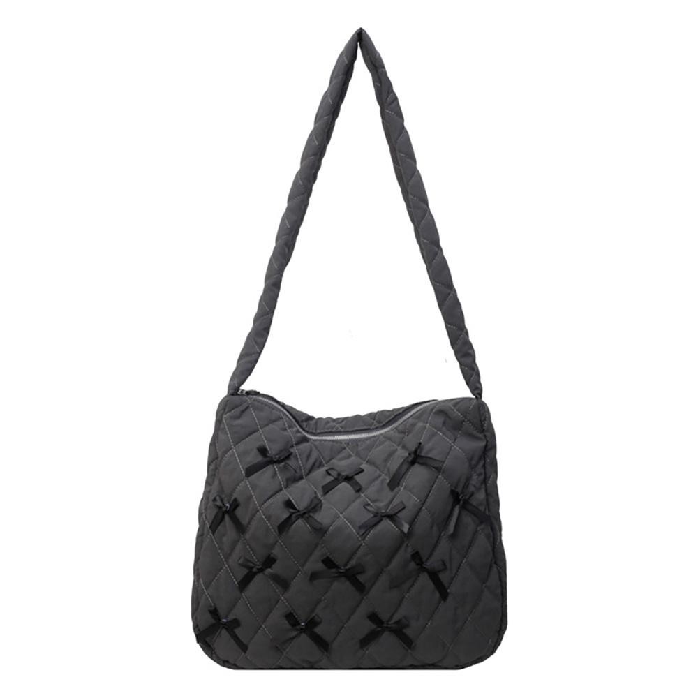 Quilted Nylon Cross Body Bag With Bow Details - Full Zipper Closure - Lined Body - One Internal Zipper Pocket - Approximately 14" L X 13" T X 3" D - Strap Drop 15" L view 2