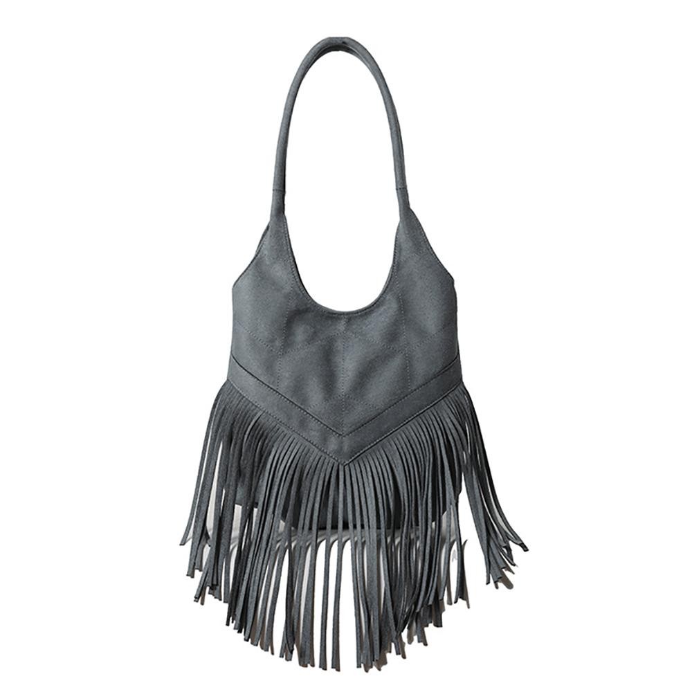 Vegan Suede Tassel Fringe Tote Bag Featuring Chevron Stitched Detail - Magnetic Snap Closure - Lined Inside - Open Inside With One Zip Pocket - Approximately 13" T x 12" L x 1" W - Handle Drop 12" L view 2