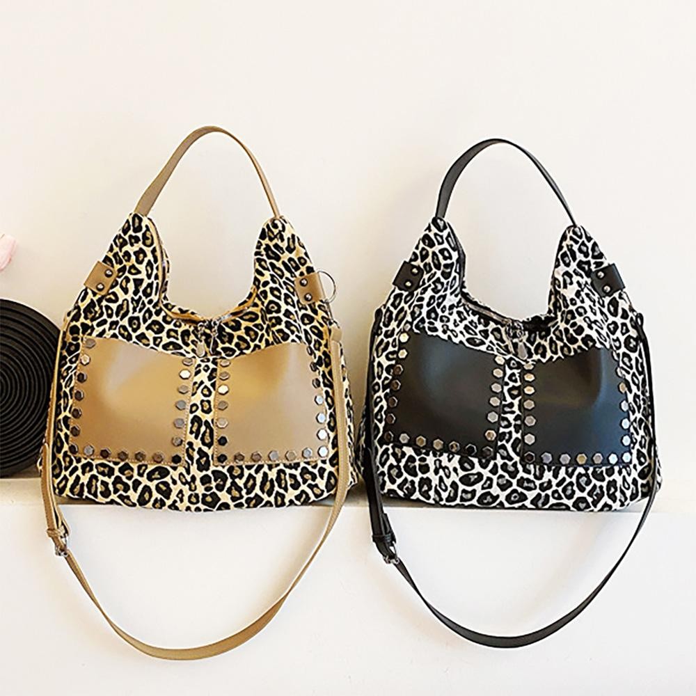 Leopard Print Cross Body Tote Bag With Vegan Leather & Stud Details - Two External Open Pockets - Full Zipper Closure - Lined Body - Two Internal Pockets: One Open & One Zip - One Back Zipper Pocket - Removable Cross Body Strap 36"- 41" L - Handle 9" L view 4