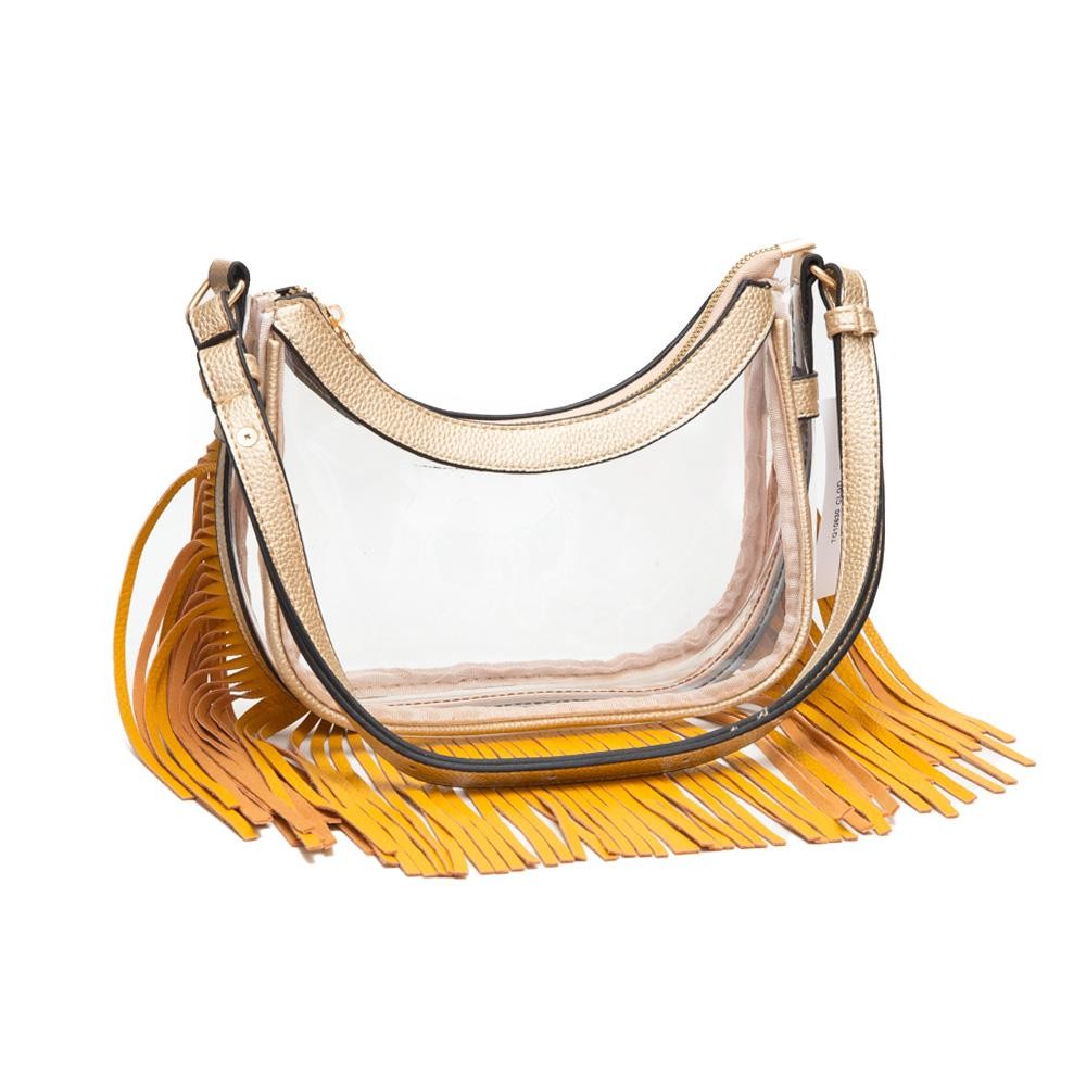 Clear Crossbody Bag With Vegan Leather Trim & Fringe - Zip Closure - Adjustable Strap - Approximately 9" L x 5" T x 2.5" W - Strap Drop: 12"-20" L view 2