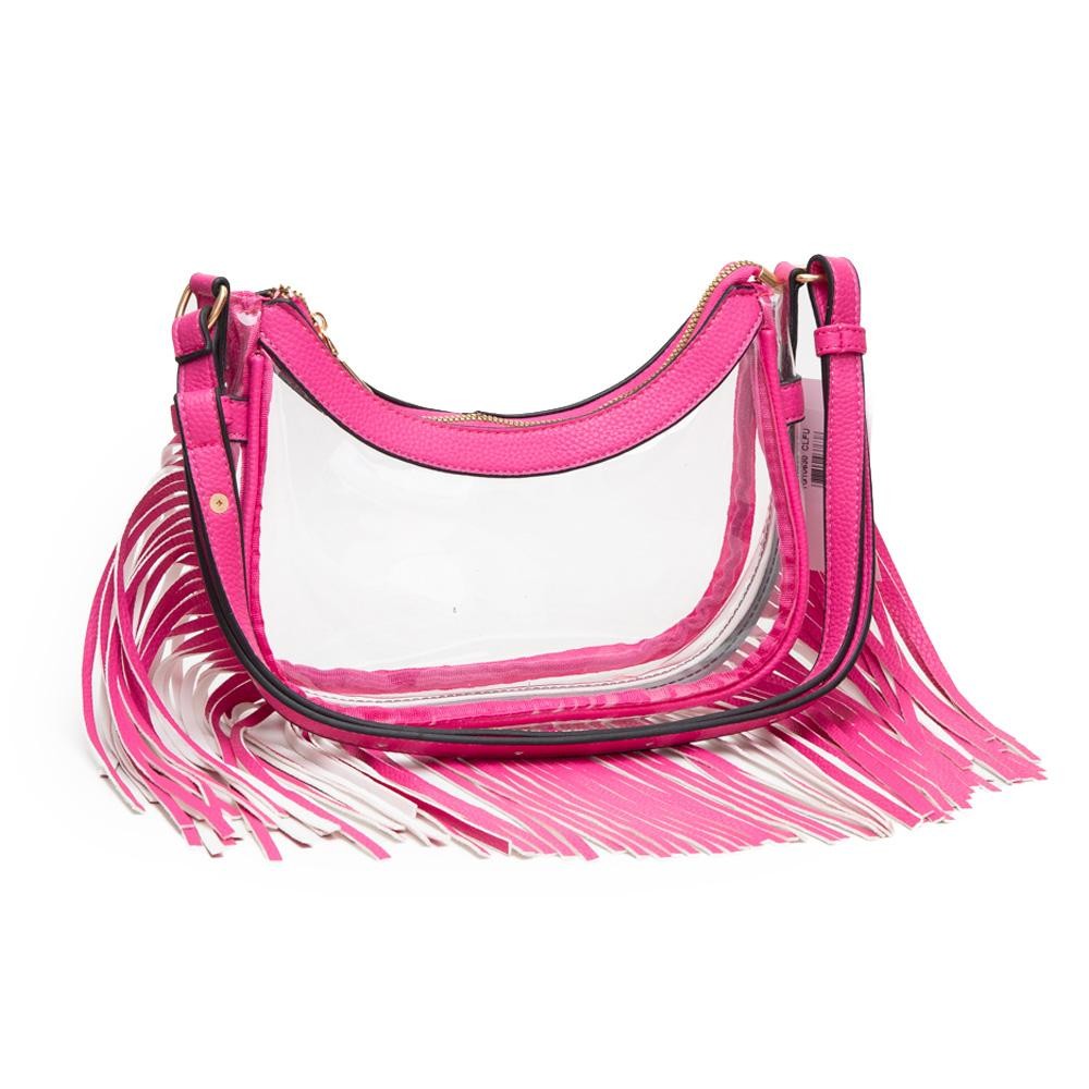 Clear Crossbody Bag With Vegan Leather Trim & Fringe - Zip Closure - Adjustable Strap - Approximately 9" L x 5" T x 2.5" W - Strap Drop: 12"-20" L view 2