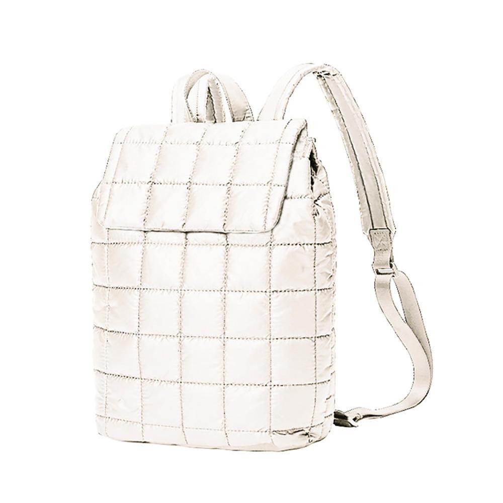 Quilted Puffer Backpack With Magnetic Flap Closure - Full Zipper Closure - 3 Internal Pockets: 2 Open & 1 Zip - Padded Tablet Pocket With Velcro Closure - Slide Adjustable Straps - Approximately 14" T X 11" L X 4" D view 2