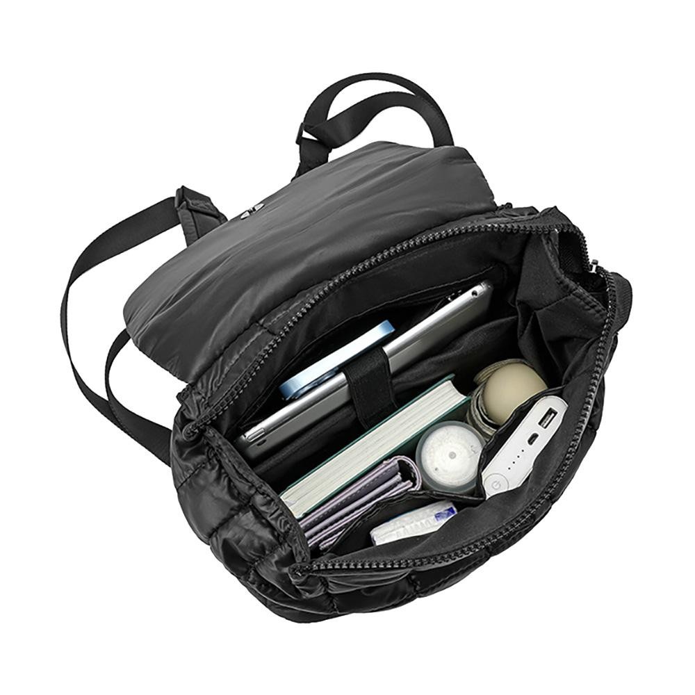 Quilted Puffer Backpack With Magnetic Flap Closure - Full Zipper Closure - 3 Internal Pockets: 2 Open & 1 Zip - Padded Tablet Pocket With Velcro Closure - Slide Adjustable Straps - Approximately 14" T X 11" L X 4" D view 4