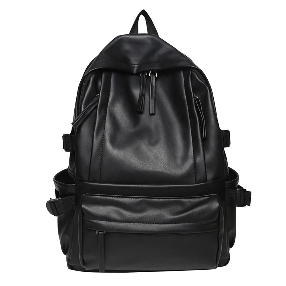 Vegan Leather Backpack - Full Zip Closure - 3 Front Zipper Pockets - 2 Open Side Pockets - Compression Straps For Secure Packing - 1 Internal Open Laptop Pocket - Slide Adjustable Straps - Approximately 15" T X 11" L X 5" D view 2