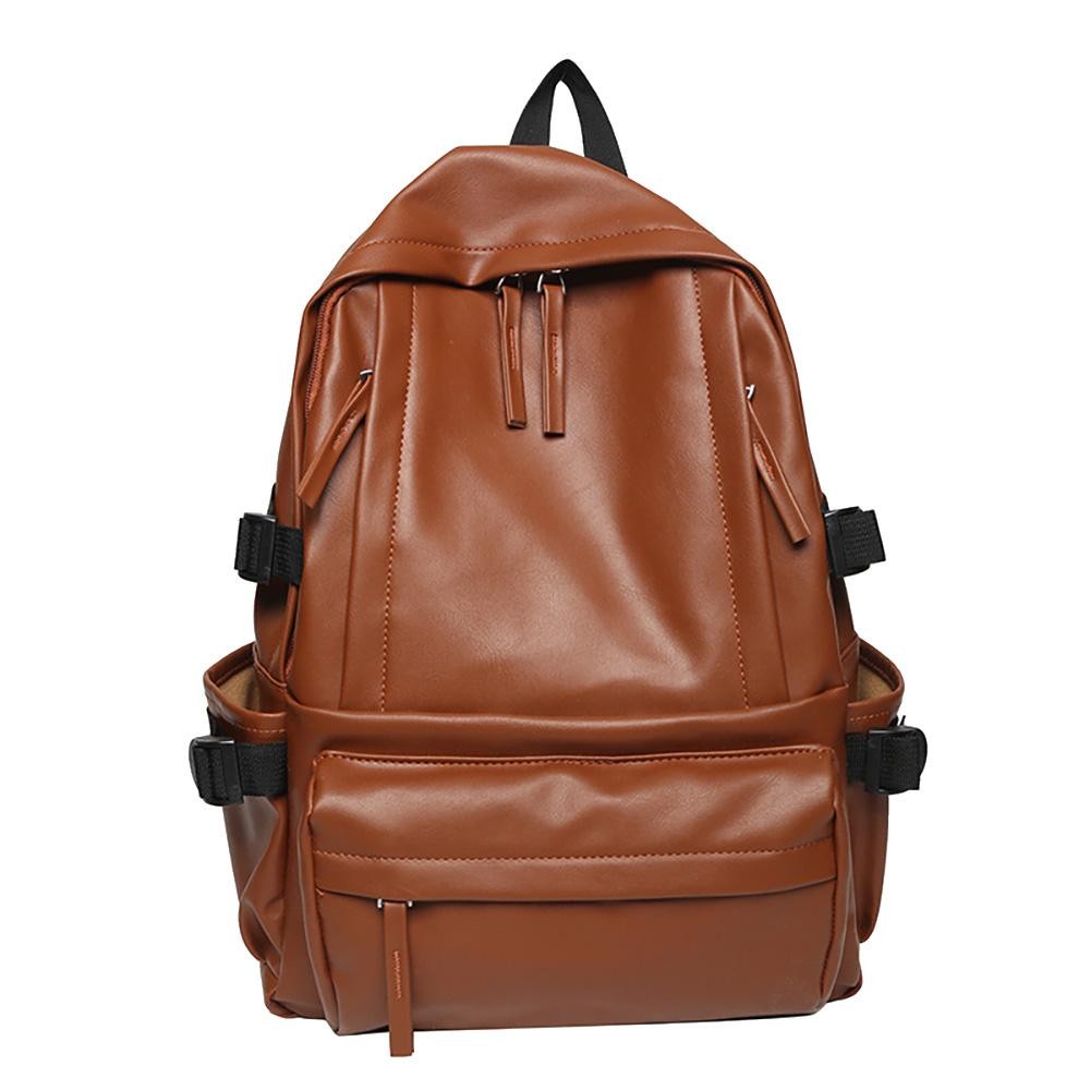 Vegan Leather Backpack - Full Zip Closure - 3 Front Zipper Pockets - 2 Open Side Pockets - Compression Straps For Secure Packing - 1 Internal Open Laptop Pocket - Slide Adjustable Straps - Approximately 15" T X 11" L X 5" D view 2
