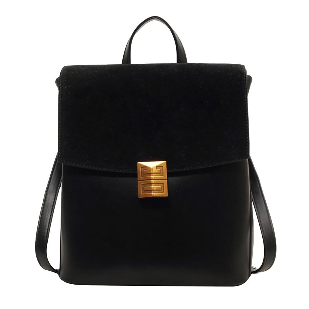 Vegan Leather Backpack Featuring Velvet Flap With Metal Magnetic Closure - Two Open Pockets - Two Zipper Pockets - Removeable Slide Adjustable Straps - Structured Base - Approximately 10" T X 8" L X 5" D view 2