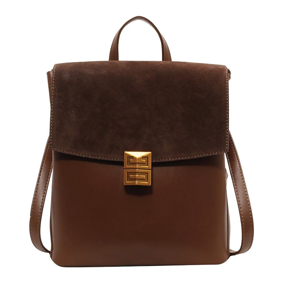 Vegan Leather Backpack Featuring Velvet Flap With Metal Magnetic Closure - Two Open Pockets - Two Zipper Pockets - Removeable Slide Adjustable Straps - Structured Base - Approximately 10" T X 8" L X 5" D view 2