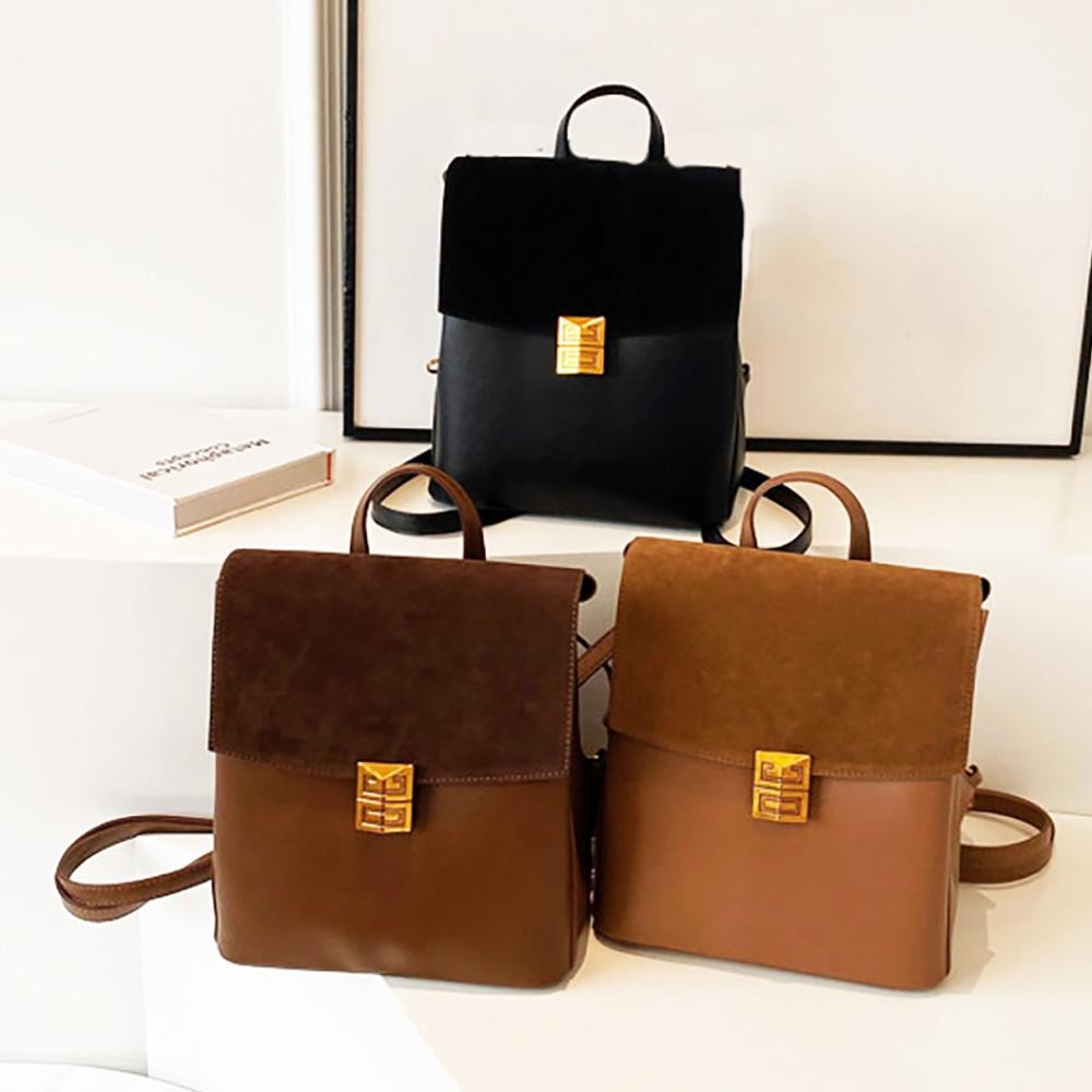 Vegan Leather Backpack Featuring Velvet Flap With Metal Magnetic Closure - Two Open Pockets - Two Zipper Pockets - Removeable Slide Adjustable Straps - Structured Base - Approximately 10" T X 8" L X 5" D view 4
