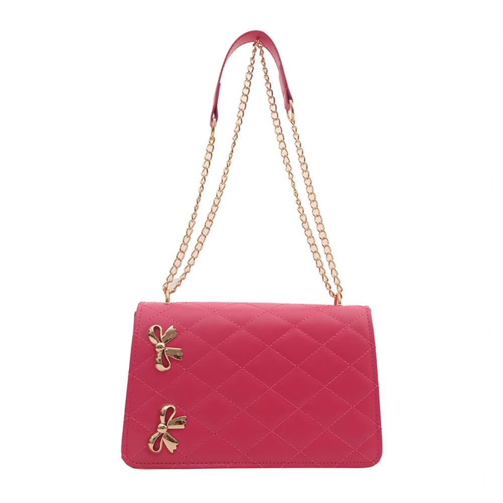 Vegan Leather Quilted Cross Body Tote Bag Featuring Metal Bow Details - Magnetic Snap Closure - Chain Link Strap Drop 10-18" L - Approximately 6" T X 9" L X 3" D view 2
