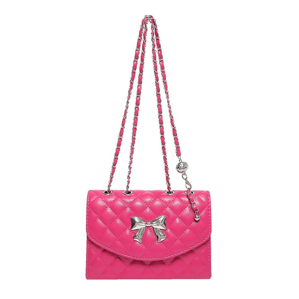 Vegan Leather Quilted Cross Body Tote Bag Featuring Metal Bow Detail - Magnetic Snap Closure - Chain Link Strap Drop 10"-20" L - Approximately 6" T X 8" L X 3" D view 2