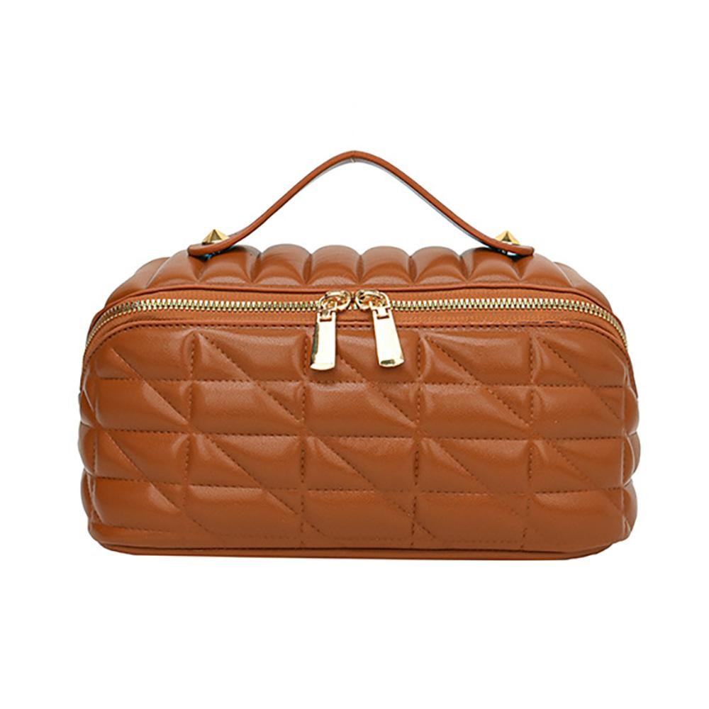 Quilted Vegan Leather Travel Makeup Bag - Full Zipper Closure - 3 Internal Side Pockets & 1 Center Zipper Brush Pocket - Center Lays Flat When Bag Is Opened - Approximately 9” L X 5” T X 4” D view 2