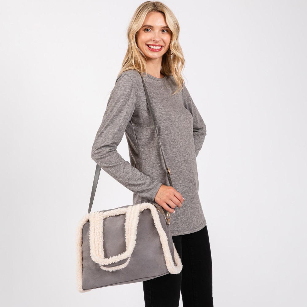 Faux Suede Cross Body Tote Bag With Sherpa Lined Edges - Full Zip Closure - Lined Body - 3 Inner Pockets: 1 Zip & 2 Open - Approximately 12" L X 9" T x 4.5" D - Removable / Adjustable Crossbody Strap 24"-48" L - 85% Polyester / 15% PU view 2
