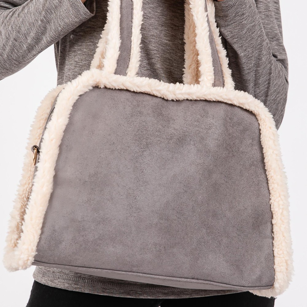 Faux Suede Cross Body Tote Bag With Sherpa Lined Edges - Full Zip Closure - Lined Body - 3 Inner Pockets: 1 Zip & 2 Open - Approximately 12" L X 9" T x 4.5" D - Removable / Adjustable Crossbody Strap 24"-48" L - 85% Polyester / 15% PU view 4
