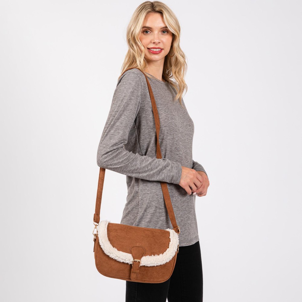 Velvet Cross Body Bag With Sherpa Detail & Buckle Closure - Magnetic Buckle Closure - Removable / Adjustable Strap - Lined Body - 3 Internal Pockets - 2 Open & 1 Zip Closure - Approximately 9" W X 6"T X 2.5" D - Strap 24-48" L - 100% Polyester view 2