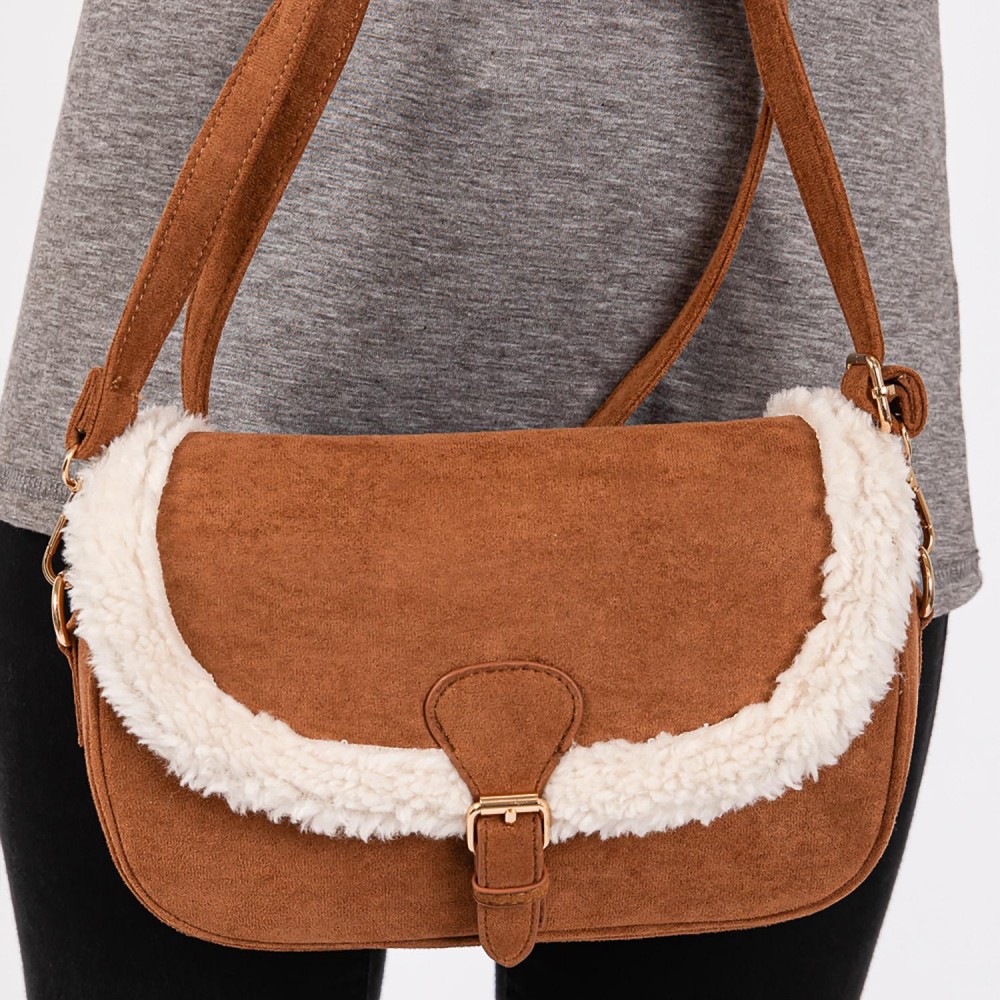 Velvet Cross Body Bag With Sherpa Detail & Buckle Closure - Magnetic Buckle Closure - Removable / Adjustable Strap - Lined Body - 3 Internal Pockets - 2 Open & 1 Zip Closure - Approximately 9" W X 6"T X 2.5" D - Strap 24-48" L - 100% Polyester view 4
