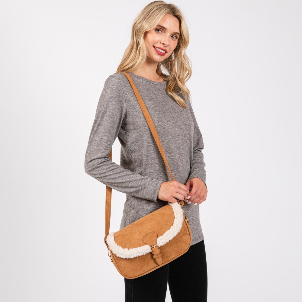 Velvet Cross Body Bag With Sherpa Detail & Buckle Closure - Magnetic Buckle Closure - Removable / Adjustable Strap - Lined Body - 3 Internal Pockets - 2 Open & 1 Zip Closure - Approximately 9" W X 6"T X 2.5" D - Strap 24-48" L - 100% Polyester view 2