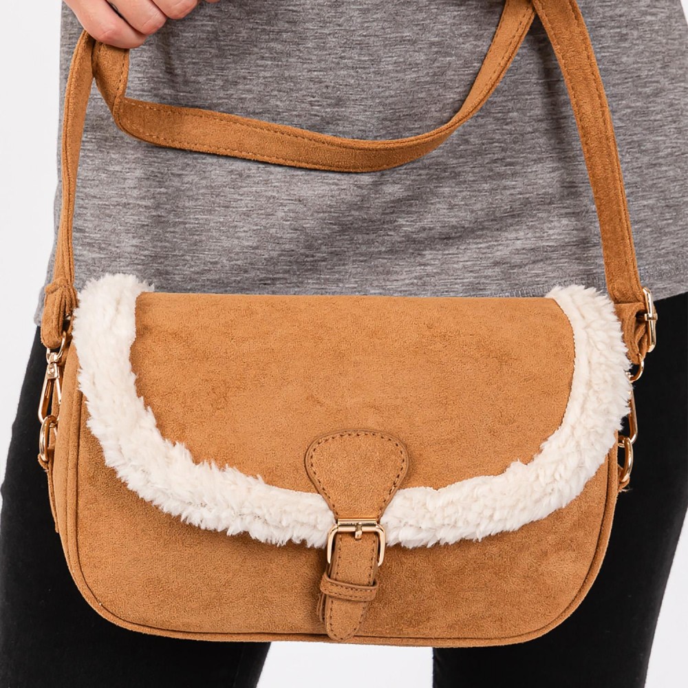 Velvet Cross Body Bag With Sherpa Detail & Buckle Closure - Magnetic Buckle Closure - Removable / Adjustable Strap - Lined Body - 3 Internal Pockets - 2 Open & 1 Zip Closure - Approximately 9" W X 6"T X 2.5" D - Strap 24-48" L - 100% Polyester view 4