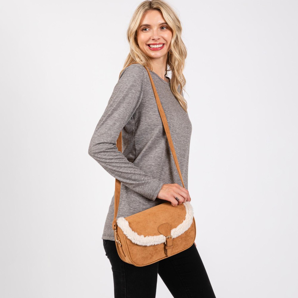 Velvet Cross Body Bag With Sherpa Detail & Buckle Closure - Magnetic Buckle Closure - Removable / Adjustable Strap - Lined Body - 3 Internal Pockets - 2 Open & 1 Zip Closure - Approximately 9" W X 6"T X 2.5" D - Strap 24-48" L - 100% Polyester view 6