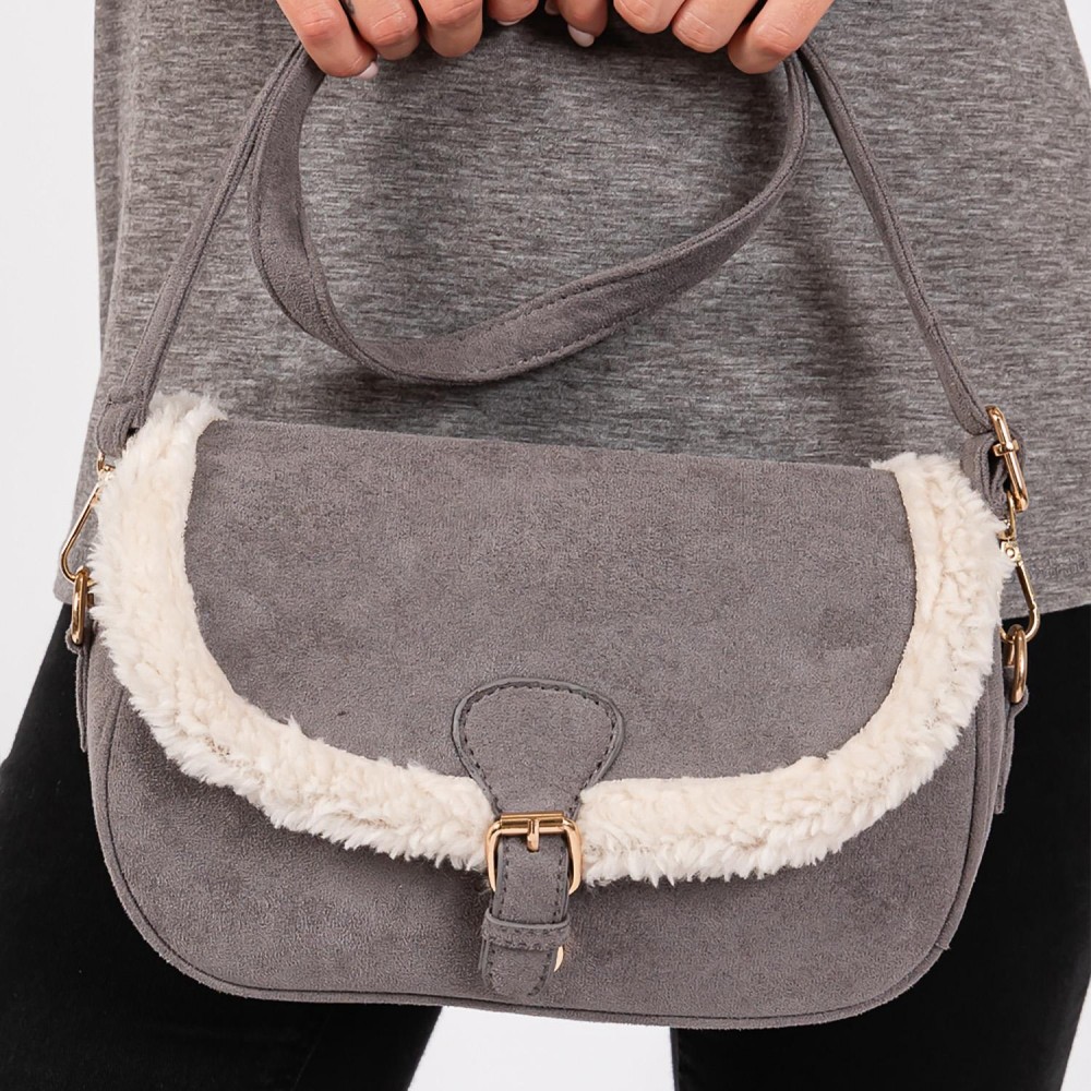 Velvet Cross Body Bag With Sherpa Detail & Buckle Closure - Magnetic Buckle Closure - Removable / Adjustable Strap - Lined Body - 3 Internal Pockets - 2 Open & 1 Zip Closure - Approximately 9" W X 6"T X 2.5" D - Strap 24-48" L - 100% Polyester view 4