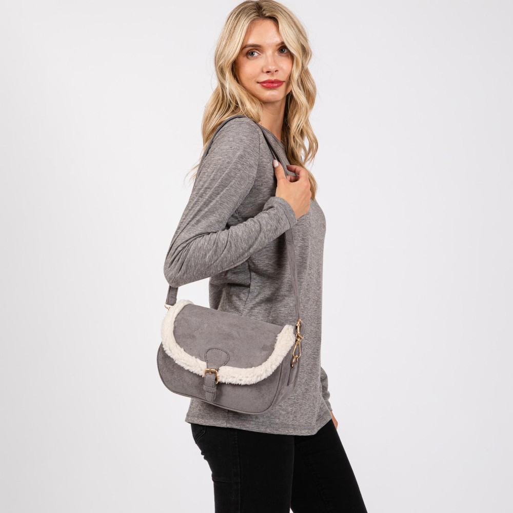 Velvet Cross Body Bag With Sherpa Detail & Buckle Closure - Magnetic Buckle Closure - Removable / Adjustable Strap - Lined Body - 3 Internal Pockets - 2 Open & 1 Zip Closure - Approximately 9" W X 6"T X 2.5" D - Strap 24-48" L - 100% Polyester view 6