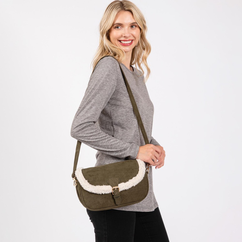 Faux Suede Cross Body Bag With Sherpa Detail & Buckle Closure - Magnetic Buckle Closure - Removable / Adjustable Strap - Lined Body - 3 Internal Pockets - 2 Open & 1 Zip Closure - Approximately 9" W X 6"T X 2.5" D - Strap 24-48" L - 100% Polyester view 2