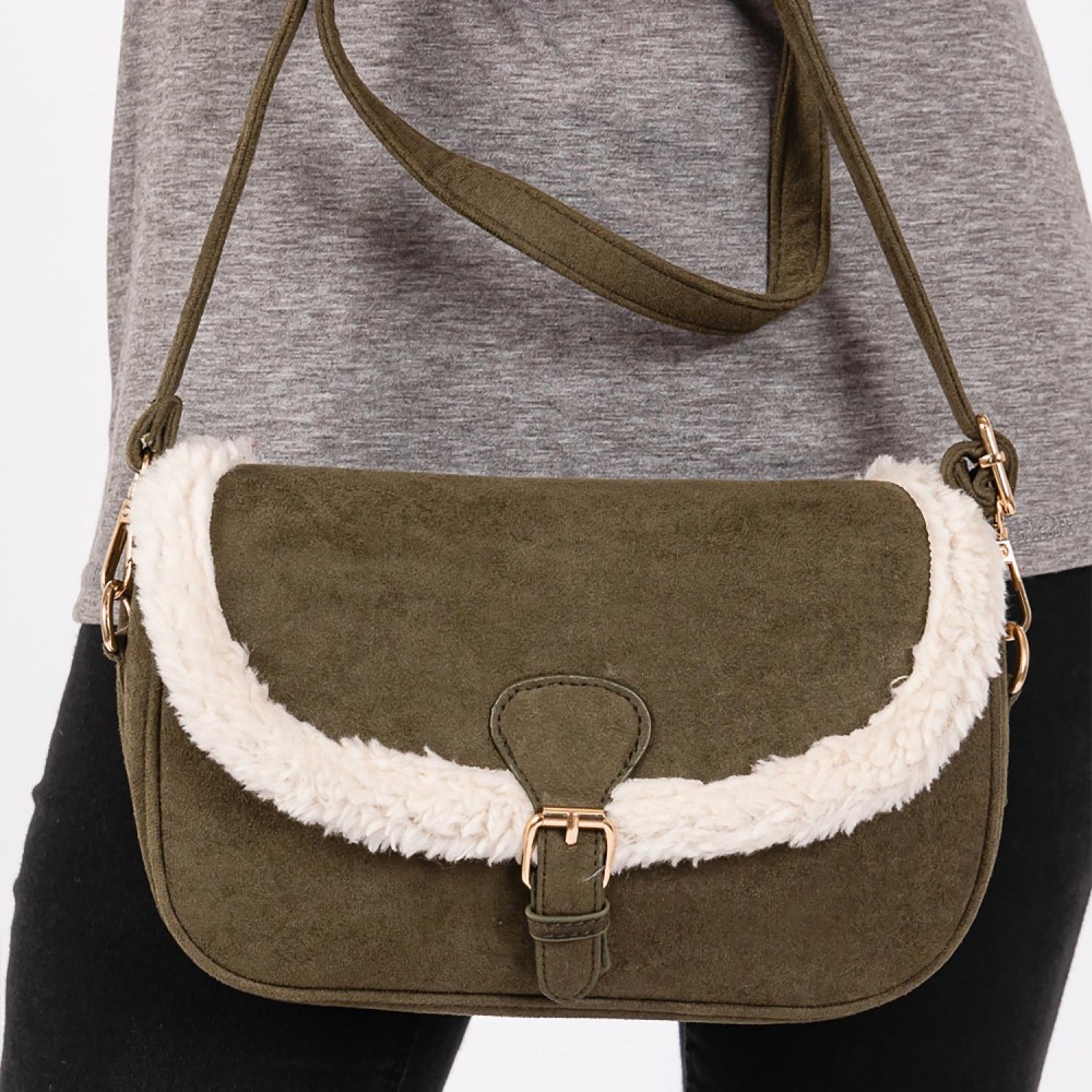 Faux Suede Cross Body Bag With Sherpa Detail & Buckle Closure - Magnetic Buckle Closure - Removable / Adjustable Strap - Lined Body - 3 Internal Pockets - 2 Open & 1 Zip Closure - Approximately 9" W X 6"T X 2.5" D - Strap 24-48" L - 100% Polyester view 4
