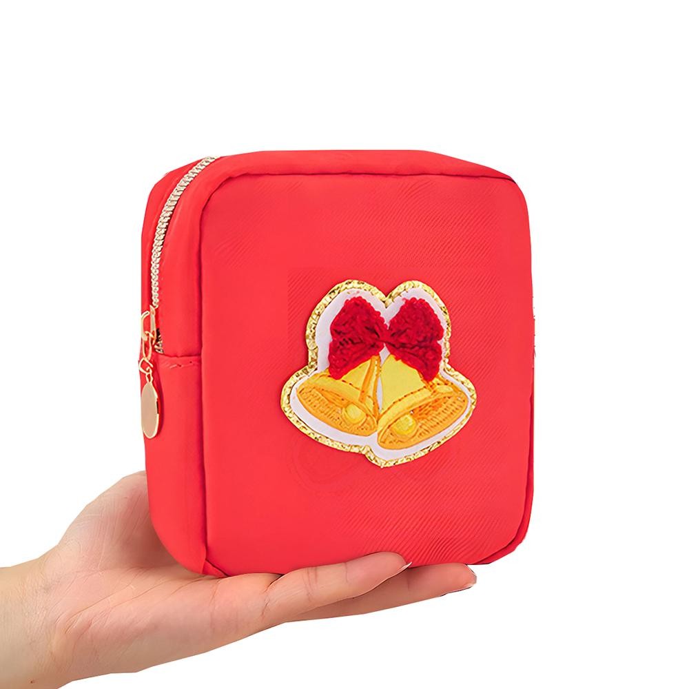 Christmas Chenille Patch Nylon Pouch - Full Zipper Closure - Lined Body - Approximately 5" T X 4.5" L X 1.5" D view 2