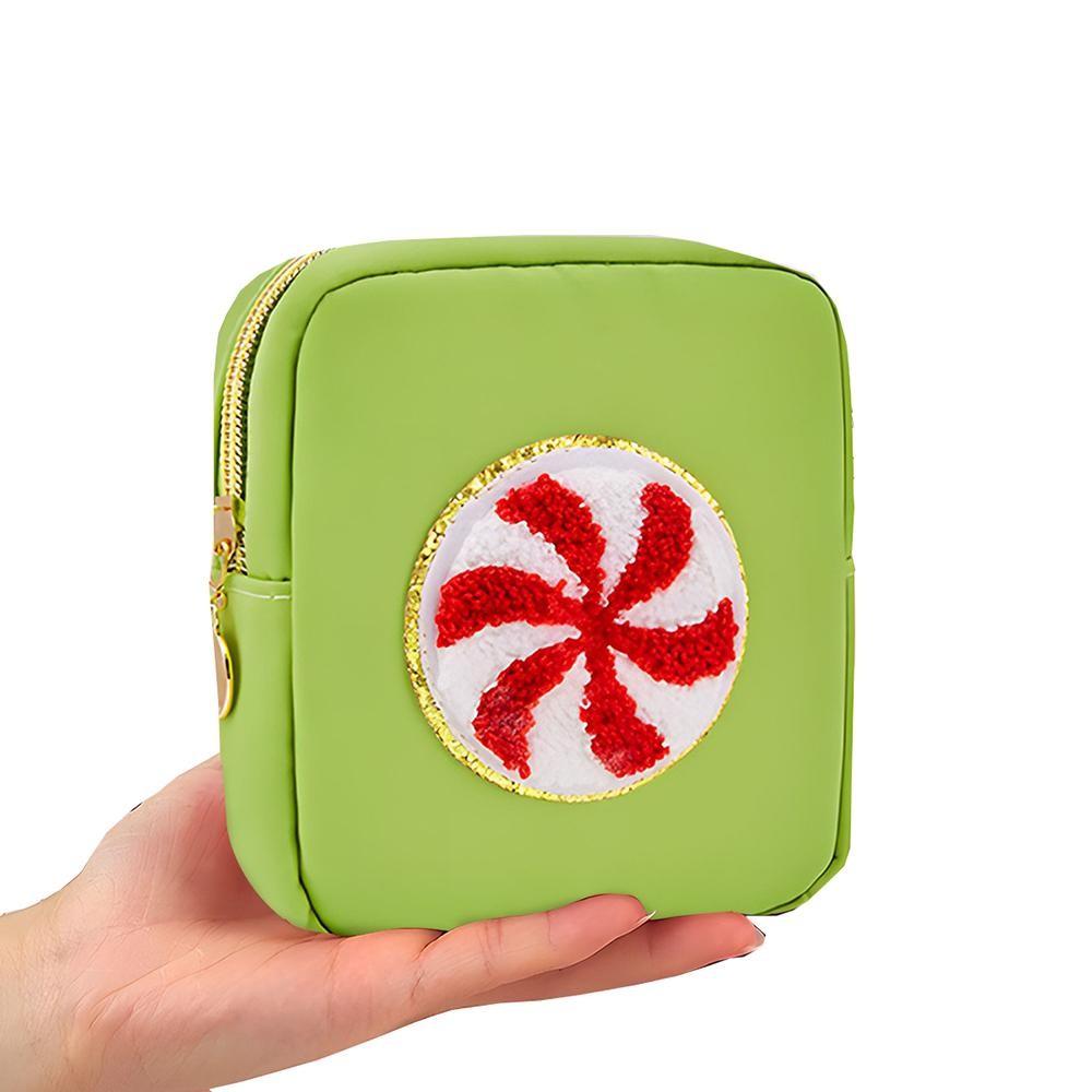 Christmas Chenille Patch Nylon Pouch - Full Zipper Closure - Lined Body - Approximately 5" T X 4.5" L X 1.5" D view 2