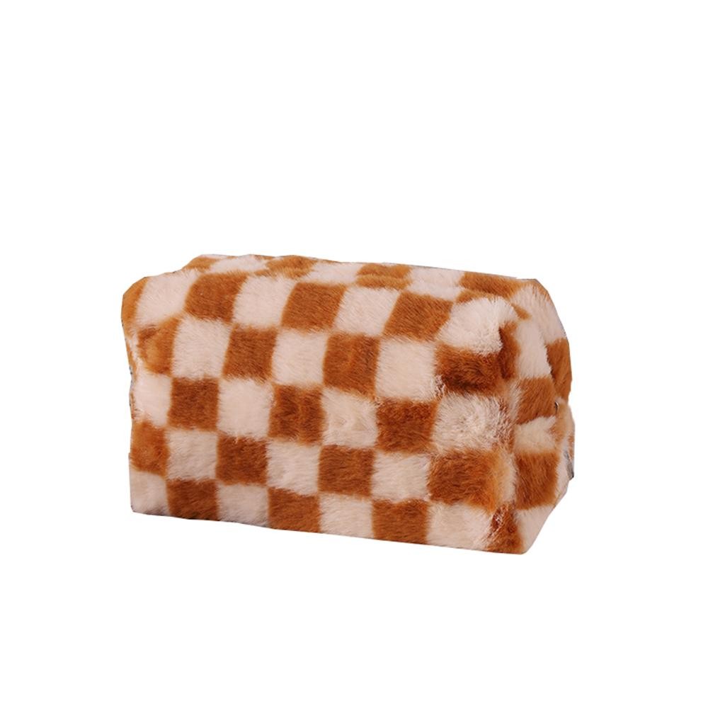 Faux Fur Checker Makeup Pouch - Full Zipper Closure - Lined Body - Approximately 4.5" T X 7" L X 3" D view 2