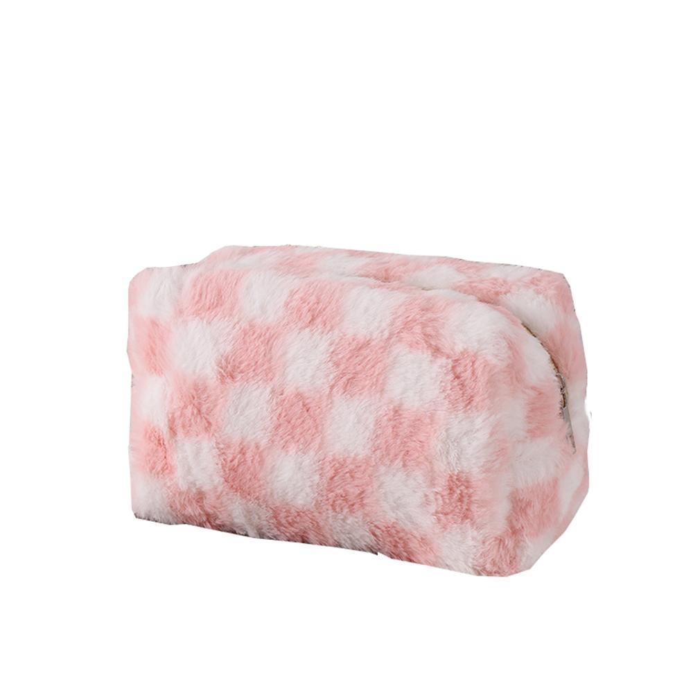 Faux Fur Checker Makeup Pouch - Full Zipper Closure - Lined Body - Approximately 4.5" T X 7" L X 3" D view 2