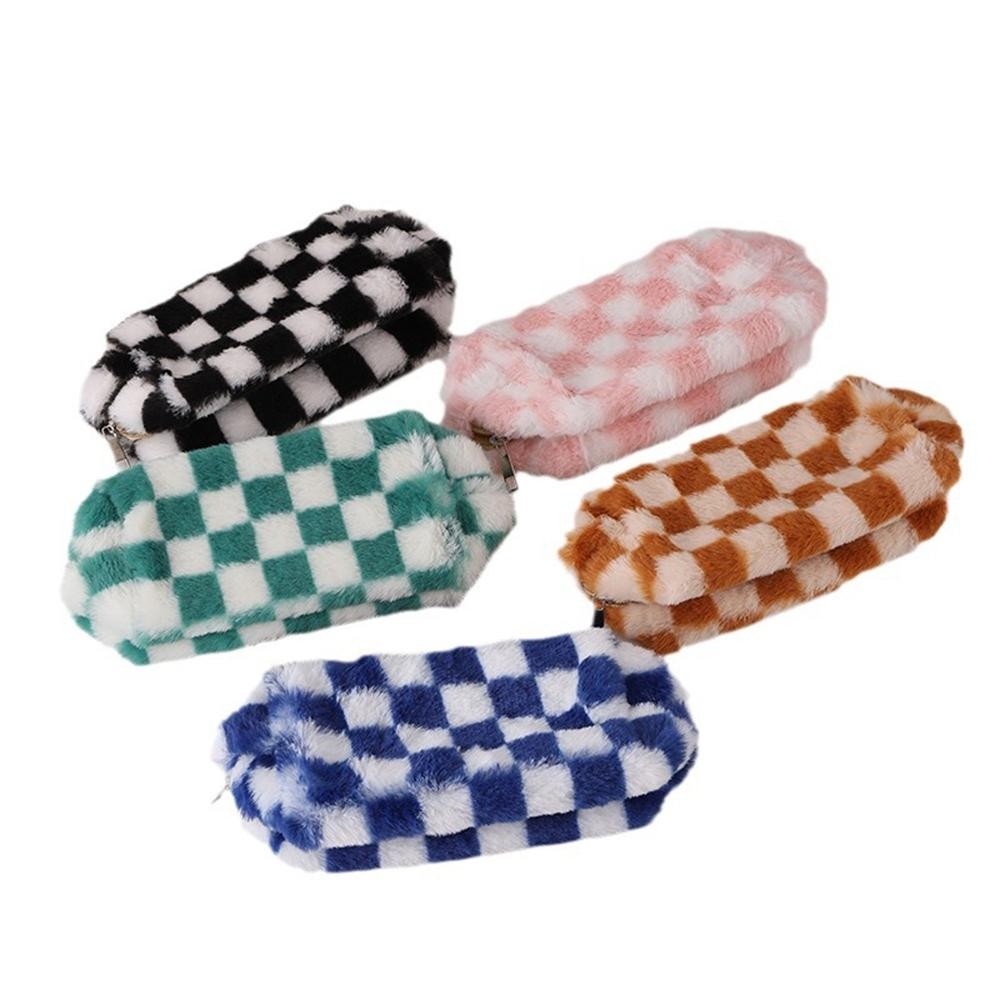 Faux Fur Checker Makeup Pouch - Full Zipper Closure - Lined Body - Approximately 4.5" T X 7" L X 3" D view 4