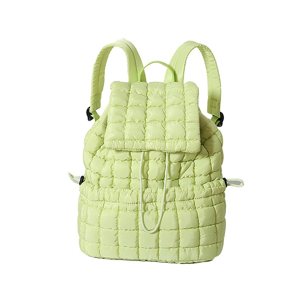 Nylon Quilted Puffer Backpack With Magnetic Flap Closure - Drawstring Closure - 1 Front Magnetic Pocket - 1 Back Zipper Pocket - Lined Body - 2 Internal Pockets- 1 Zipper & 1 Open - Approximately 12" T X 14" L X 7" D view 2