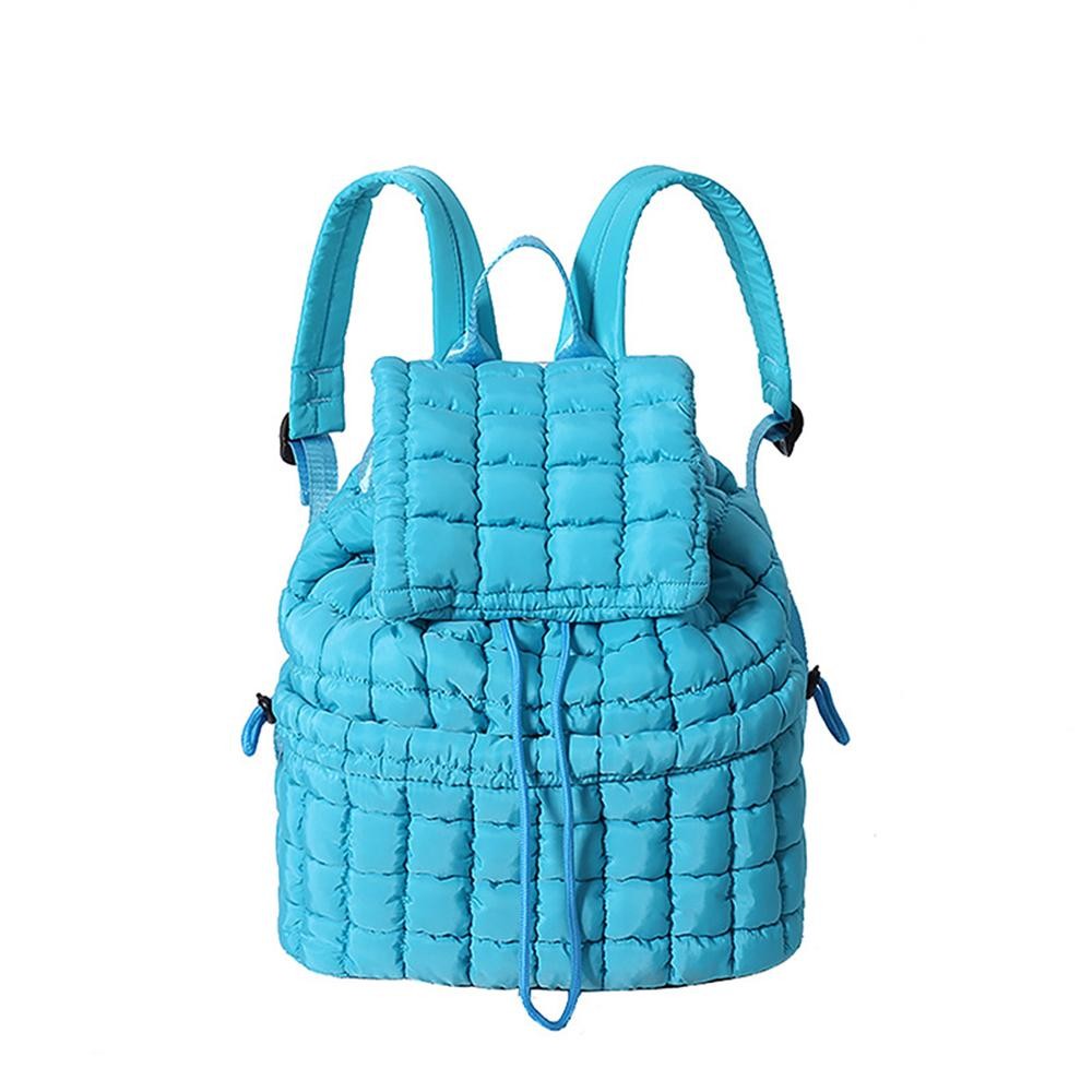 Nylon Quilted Puffer Backpack With Magnetic Flap Closure - Drawstring Closure - 1 Front Magnetic Pocket - 1 Back Zipper Pocket - Lined Body - 2 Internal Pockets- 1 Zipper & 1 Open - Approximately 12" T X 14" L X 7" D view 2