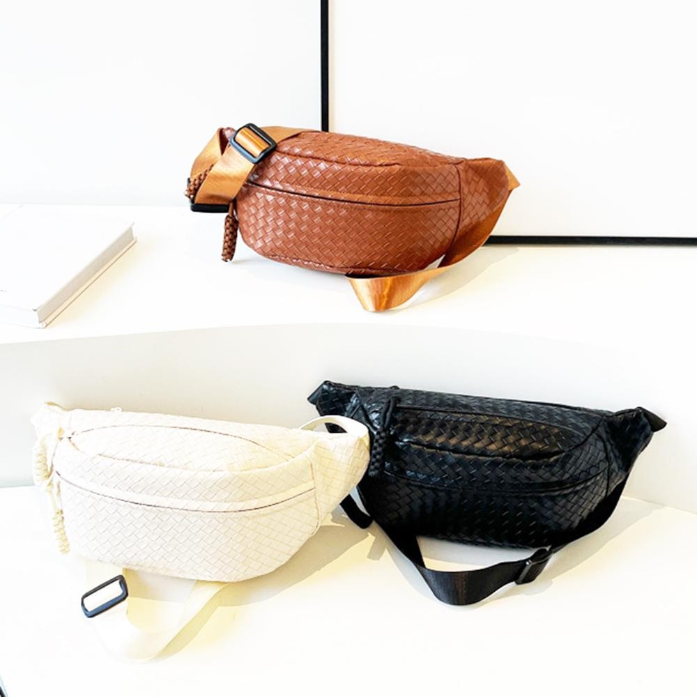 Woven Vegan Leather Cross Body Bag With Adjustable Buckle Strap - Three External Zipper Pockets - Main Body Lined With One Internal Open Pocket - Approximately 12" L X 6" T X 3" D - Strap 23"- 39" L view 4