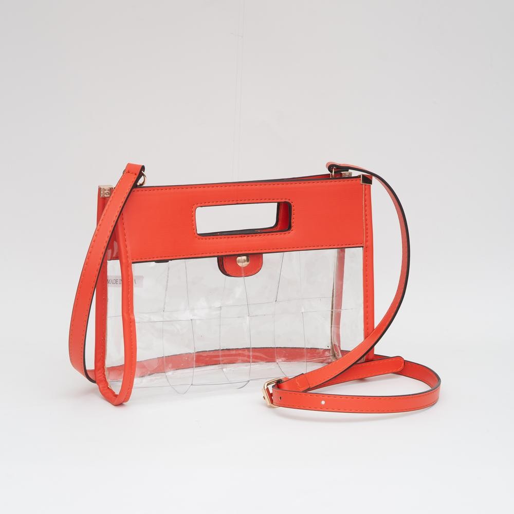 Clear Woven Clutch Bag With Vegan Leather Trim - Snap Closure - Removeable Vegan Leather Strap 46" L - Approximately 10" L X 7" T X 3" D view 2