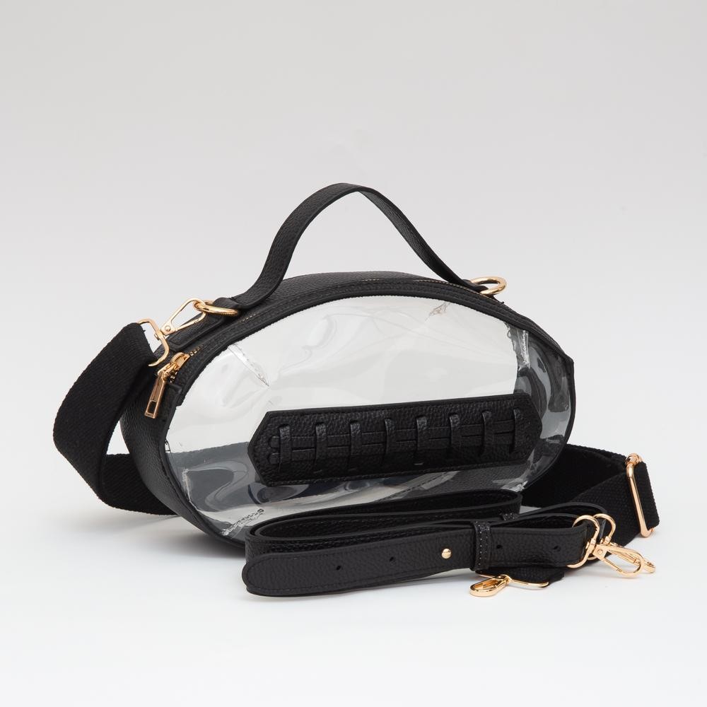 Clear Crossbody Football Bag With Vegan Leather Trim - Zip Closure - Two Removable Straps: Leather & Canvas - Approximately 6.5" T X 10.5" L X 2.5" W - Straps Adjustable: 30" L view 2