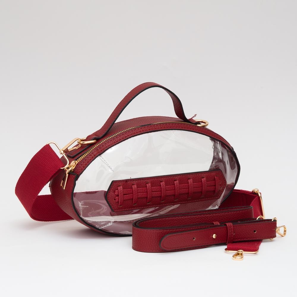Clear Crossbody Football Bag With Vegan Leather Trim - Zip Closure - Two Removable Straps: Leather & Canvas - Approximately 6.5" T X 10.5" L X 2.5" W - Straps Adjustable: 30" L view 2