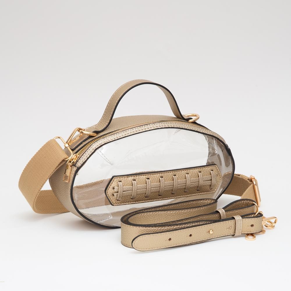 Clear Crossbody Football Bag With Vegan Leather Trim - Zip Closure - Two Removable Straps: Leather & Canvas - Approximately 6.5" T X 10.5" L X 2.5" W - Straps Adjustable: 30" L view 2