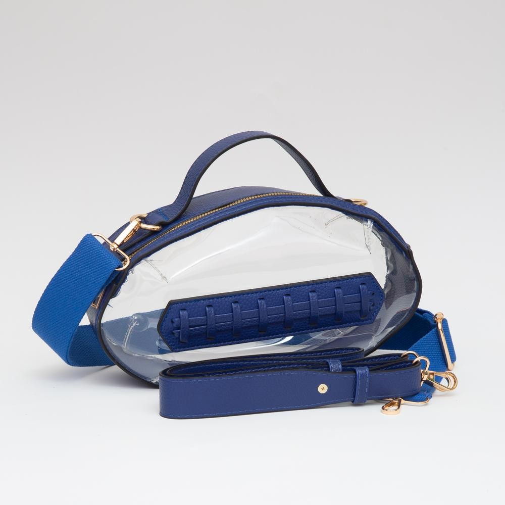 Clear Crossbody Football Bag With Vegan Leather Trim - Zip Closure - Two Removable Straps: Leather & Canvas - Approximately 6.5" T X 10.5" L X 2.5" W - Straps Adjustable: 30" L view 2