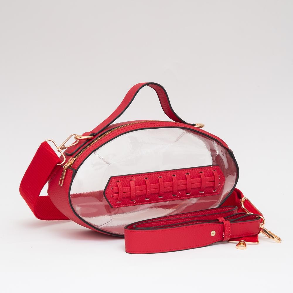 Clear Crossbody Football Bag With Vegan Leather Trim - Zip Closure - Two Removable Straps: Leather & Canvas - Approximately 6.5" T X 10.5" L X 2.5" W - Straps Adjustable: 30" L view 2