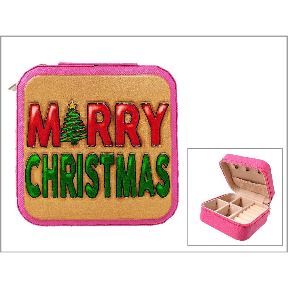 Embossed Vegan Leather "MERRY CHRISTMAS" Travel Jewelry Box - Full Zipper Closure - Removable Divider Organizer - 6 Ring Slots & 3 Necklace Hooks - Approximately 3.5" L X 3.75" T X 2" D view 2