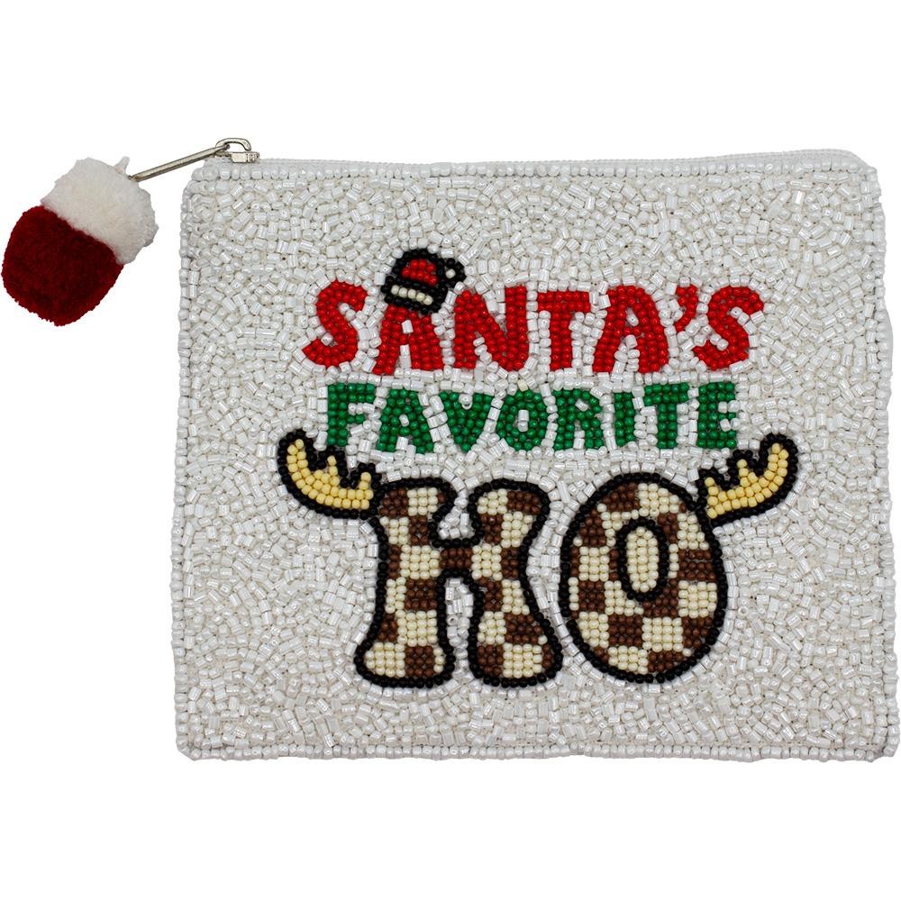 'Santa's Favorite Ho' Seed Beaded Canvas Bag With Pom Pom Zipper - Fully Lined Inside - 100% Cotton Bag - Approximately 5.5" W X 4.5" L view 2