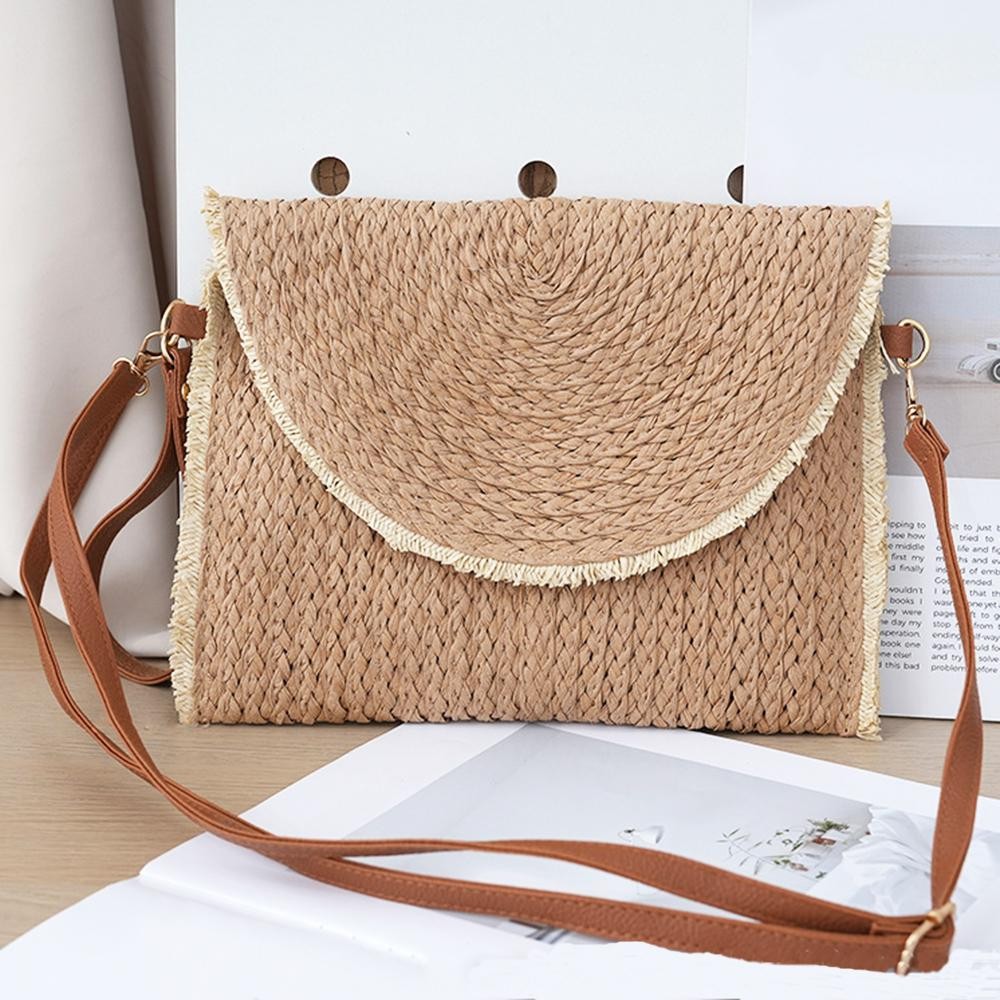 Two Tone Straw Clutch Cross Body Bag - Magnetic & Zip Closures - Lined Body - 1 Open Internal Pocket - Removable Wristlet & Cross Body Straps - Body Approximately 11" L X 7" T - Strap Drop 14-26" L view 2