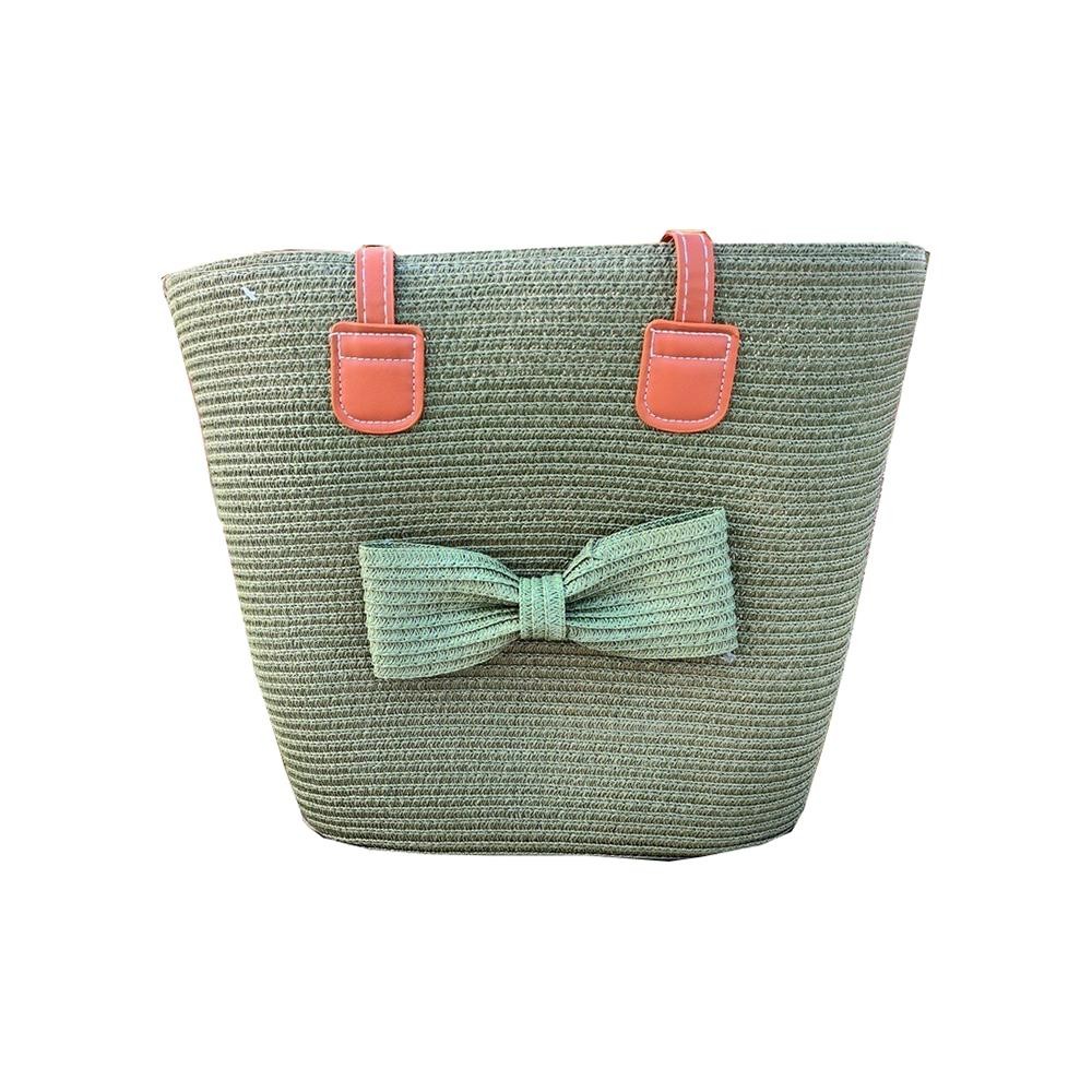 Woven Straw Tote Bag Featuring Straw Bow Accent & Vegan Leather Straps - Zip Closure - Lined Body - 1 Inner Open Pocket - Approximately 14" L X 12" T X 6" D view 2