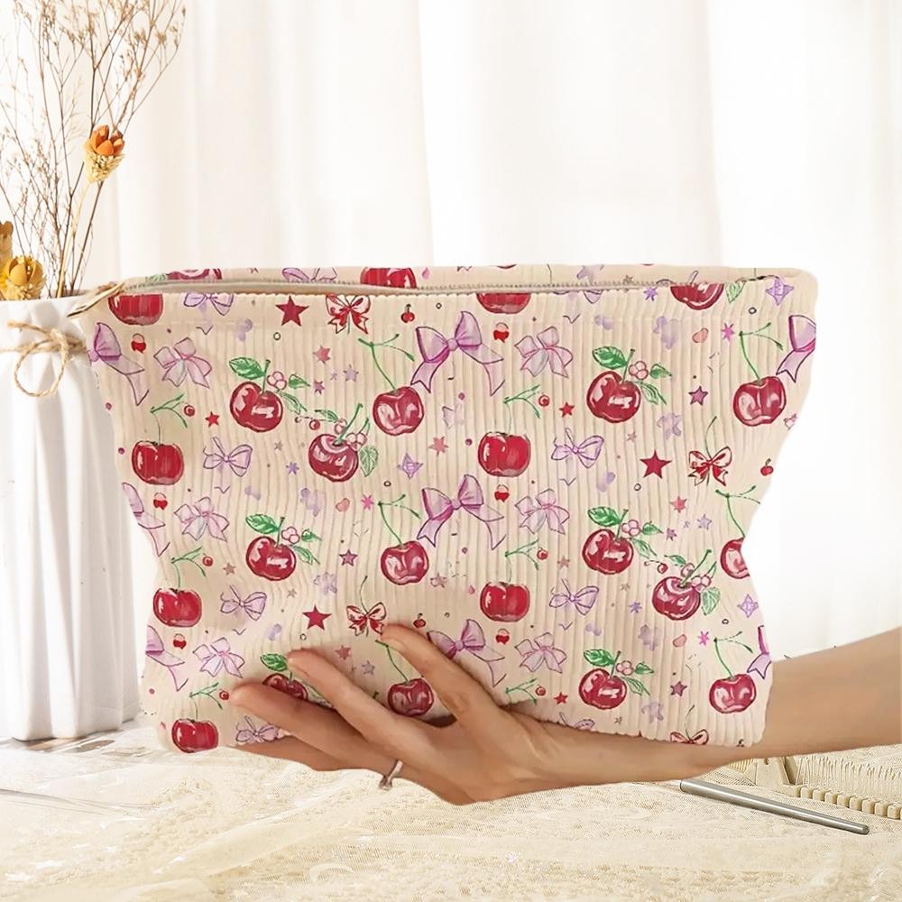 Corduroy Bows, Cherries, & Stars Pouch - Zip Closure - Lined Body - Approximately 10" L X 7" T X 2.25" D view 2
