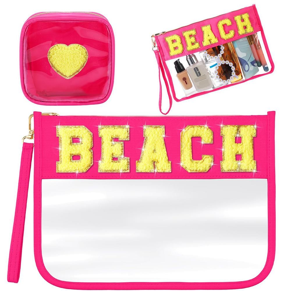 Set Of Two Clear Pouches Featuring "BEACH" & Heart Glitter Chenille Patches Beach Pouch - Full Zip Closure - Removable Wristlet - Approximately 11.5" L X 8.5" T Heart Pouch - Full Zip Closure - Approximately 5.5" L X 5.5" T X 2" D view 2