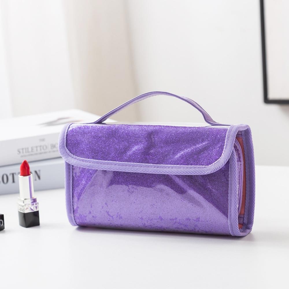 Foldable Glitter Make Up Bag With Vegan Leather Handle - Snap Closure - 1 Clear Zip Pocket - 6 Brush Holders - Approximately 8.5" L X 5.5" T X 1" D view 2
